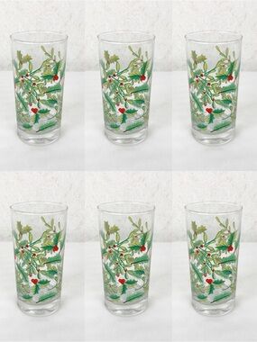 Crisa Mistletoe Holly 6 Highball Tea Tumbler Glasses Christmas 16.3 Oz Holiday
